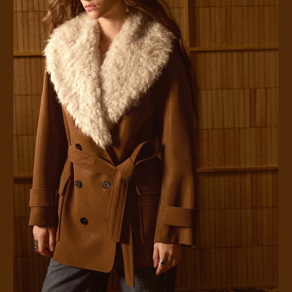 Camel Vegan Leather Faux Fur Collar Double-Breasted Belted Long Sleeve Coat